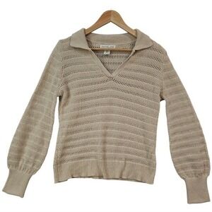 Rachel Zoe Womens Collared V Neck‎ Fisherman Crochet Knit Sweater Long Sleeve